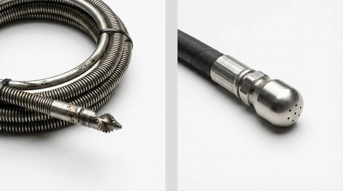Drain snake cable and hydro jetting nozzle used for drain cleaning in Lynn, IN