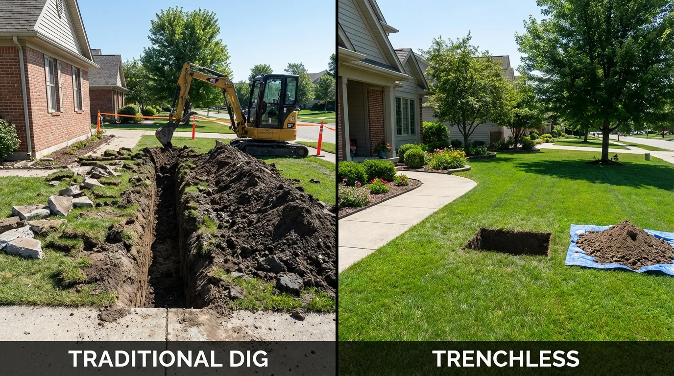 Trenchless sewer repair with minimal yard damage versus traditional excavation in Lynn, IN