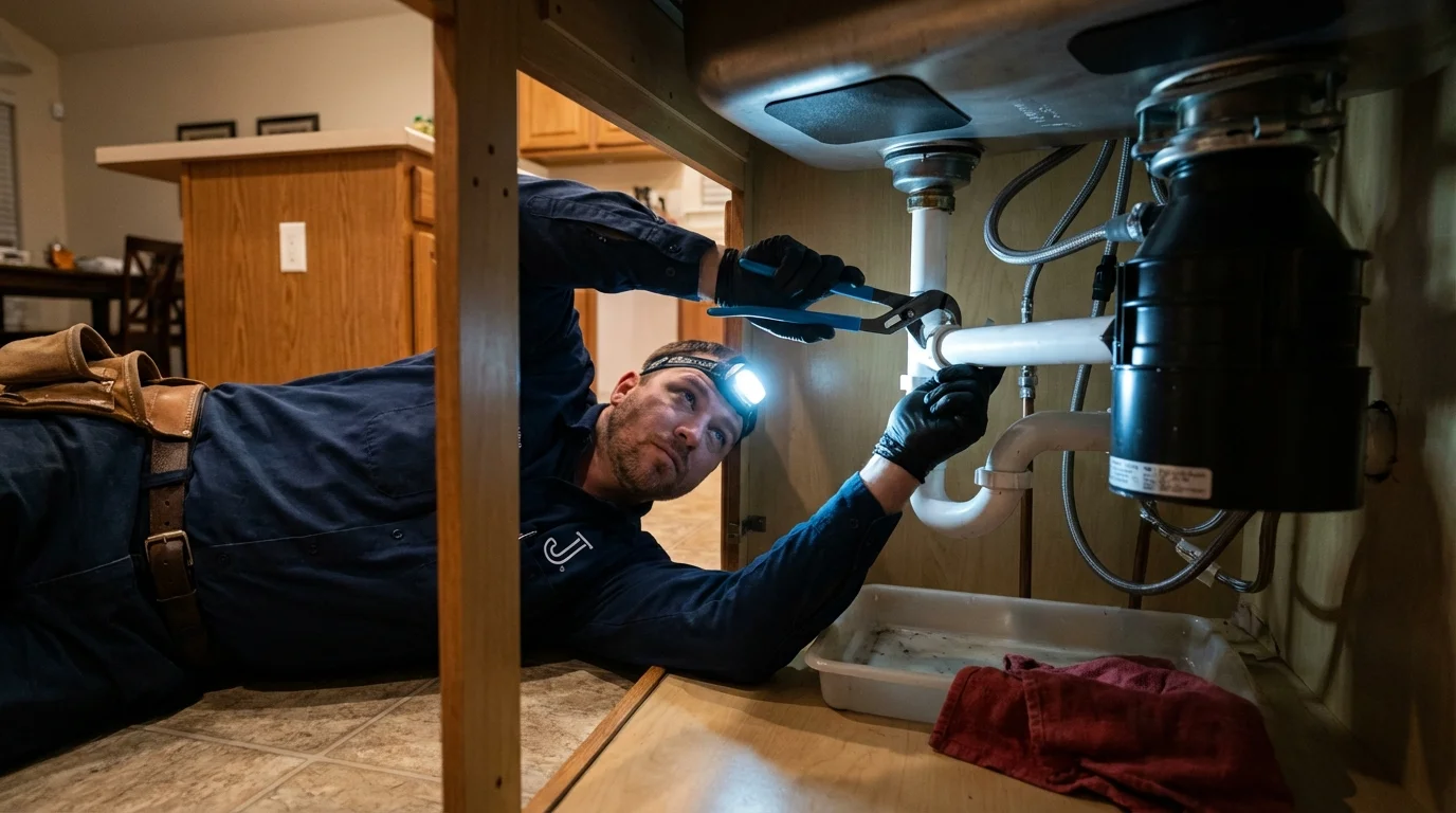 P-trap and supply line connections under a kitchen sink showing a common leak point in Lynn, IN